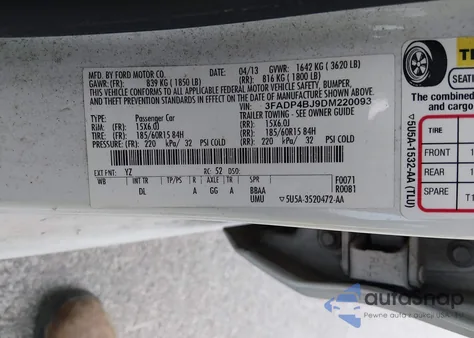 2013 Ford Fiesta Se z USA, uszkodzony, nr VIN 3FADP4BJ9DM220093